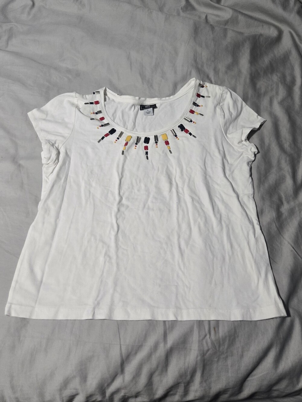 Women’s White Short-Sleeve Scoop Neck Tee with Colorful Neck Embellishment